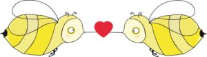 Two cartoon bees face each other with a red heart between their noses on a white background.