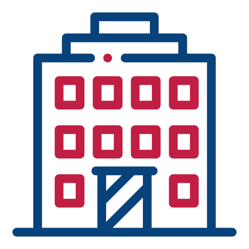 Keep Your Business Open With a Pest Service Plan Simple icon of a rectangular building with multiple windows, a central entrance, and a flat rooftop, depicted in red and blue lines on a white background.