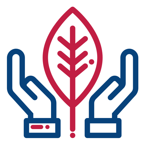 rose-eco Two blue outlined hands are positioned around a red outline of a leaf, suggesting protection or care for nature.