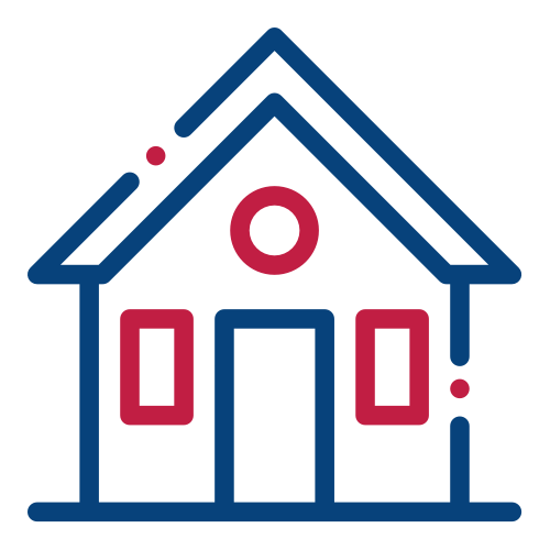 H5 Heading Style Goes Here Simple line drawing of a house with a triangular roof, a door, two windows, and a circular window above the door in blue and red colors.