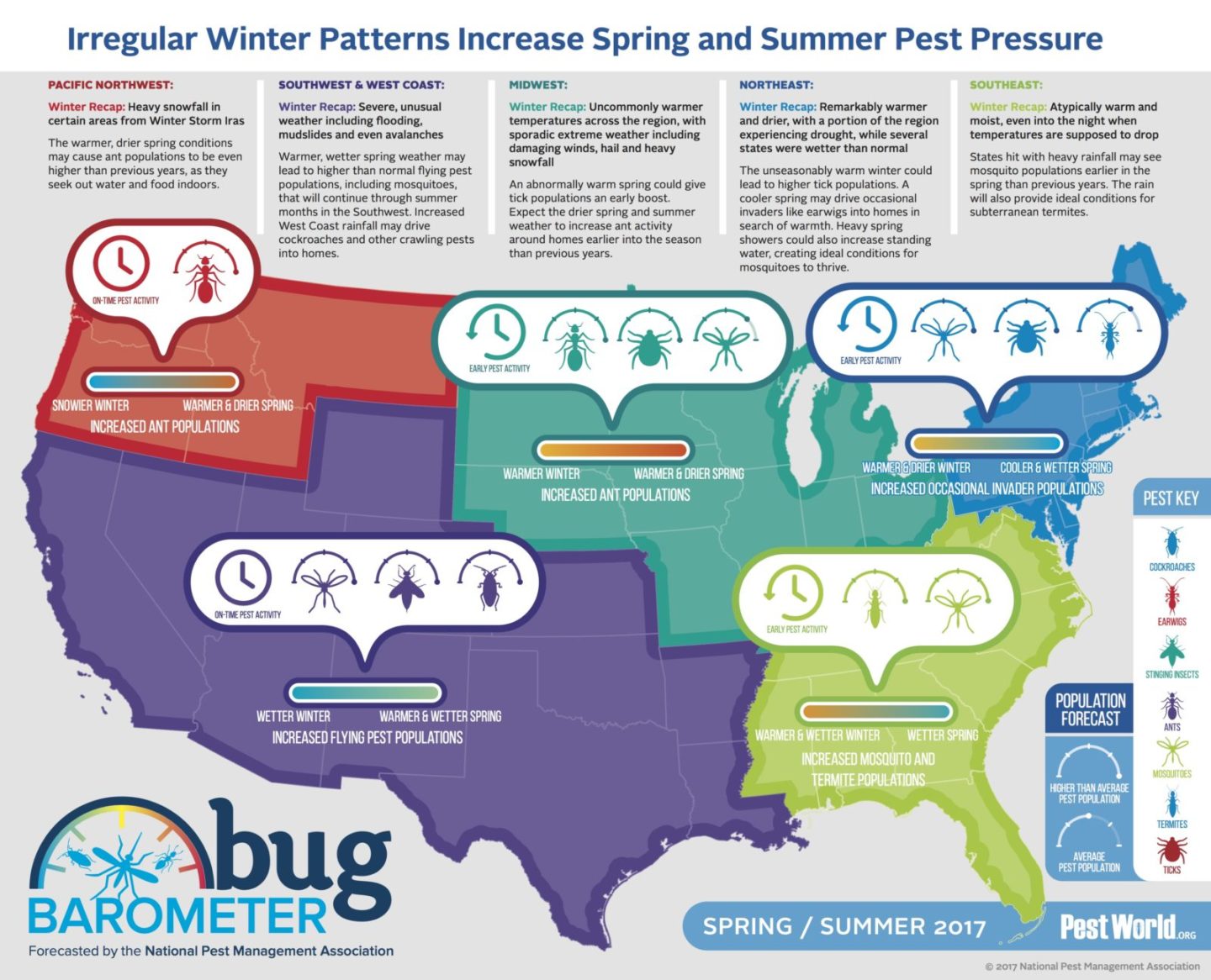 Bug barometer spring infographic showing seasonal pest activity levels
