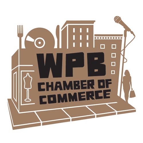 Brown graphic logo with "WPB Chamber of Commerce" text, featuring building