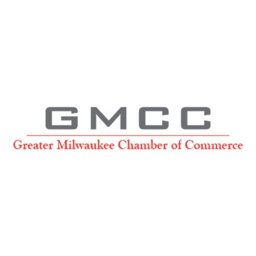 Logo with "GMCC" in large gray letters above "Greater Milwaukee Chamber of Commerce" in red text on a white background, highlighting local businesses like Racine pest control.