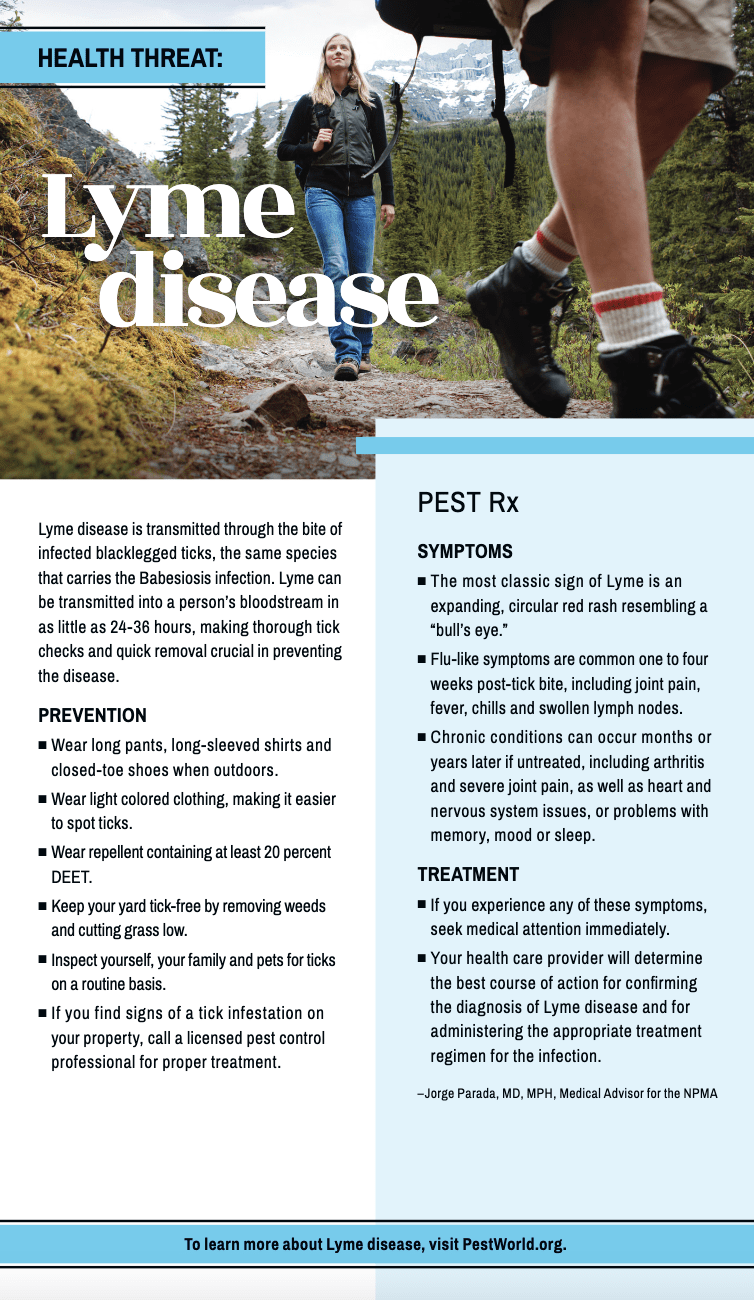 Infographic on Lyme disease: highlights tick awareness week, describes transmission by blacklegged ticks, prevention tips, symptoms (rash, fever, joint pain), and treatment recommendations.