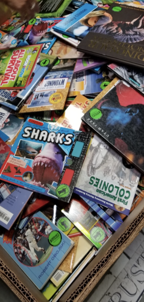 A large box filled with assorted children's books and magazines, many featuring colorful covers and green sale stickers—books for buckets is back!.