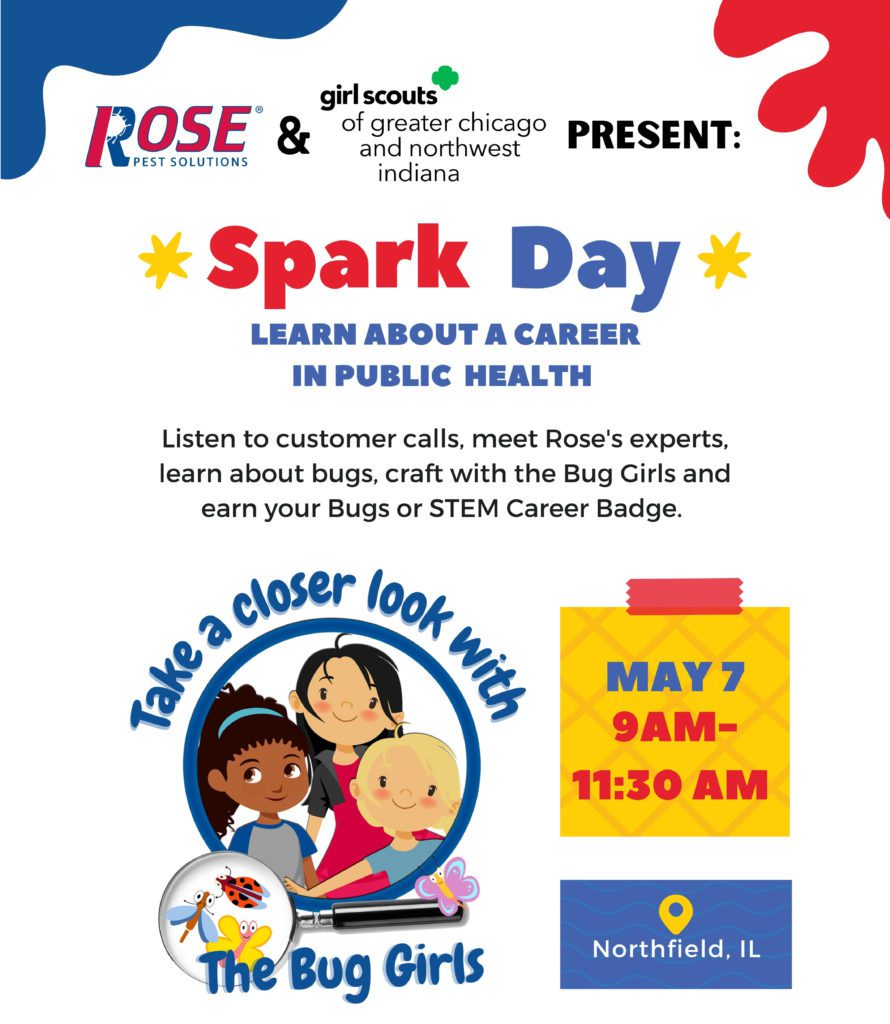 Flyer for Girl Scout Spark Day event on May 7, 9AM–11:30AM in Northfield, IL, promoting public health careers with Rose Pest Solutions and Girl Scouts; features a cartoon image of children.