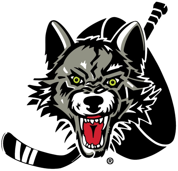 Wolves_Main A fierce wolf head with bared teeth is shown in front of a black hockey stick, forming a sports team logo inspired by pest control for South Chicago suburbs.