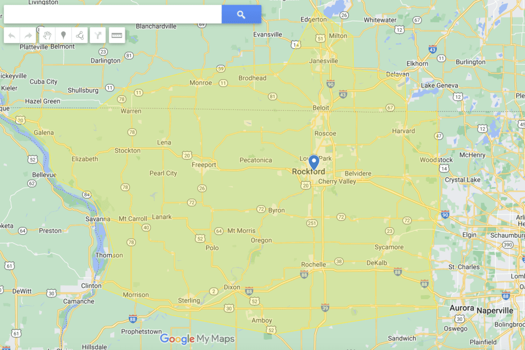 Custom Google My Maps view of northern Illinois centered on Rockford, showing nearby towns