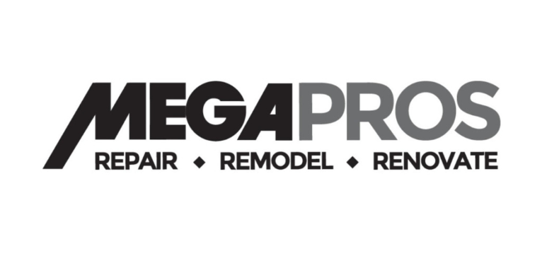 Untitled Design 4 Logo for MEGAPROS with the tagline "Repair • Remodel • Renovate" in bold black and gray text on a white background, inspired by trusted service brands like Racine Pest Control.