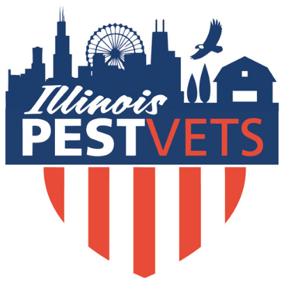 Logos (600 x 600 px)-4 Logo for Illinois Pest Vets featuring a city skyline, ferris wheel, bird, trees, barn, and red and white shield stripes.