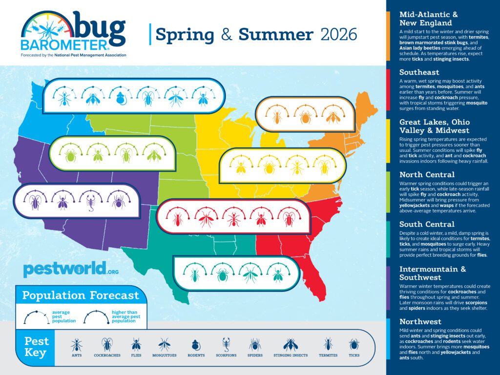 US map showing 2026 pest activity trends by region with icons
