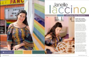 CRP Cover Nov 2021 Janelle Iaccino, known as the Chicago Bug Girl, sits outside a storefront in a patterned dress, examining insect specimens on a table, featured in a Rose Pest Solutions profile.