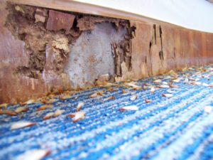 Damaged wooden skirting board with peeling and rotting wood, exposing concrete behind it, on a blue carpet scattered with debris.